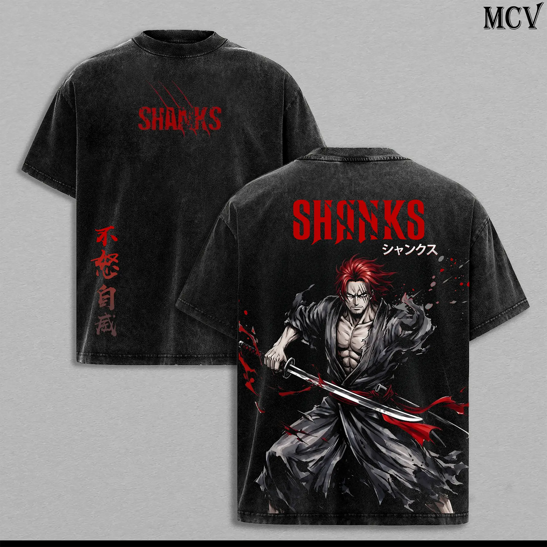 Shankss Washed Tee – Op Anime Graphic Double Printed T-Shirt, Menswear Heavy Cotton Unisex Oversize Vintage Streetwear
