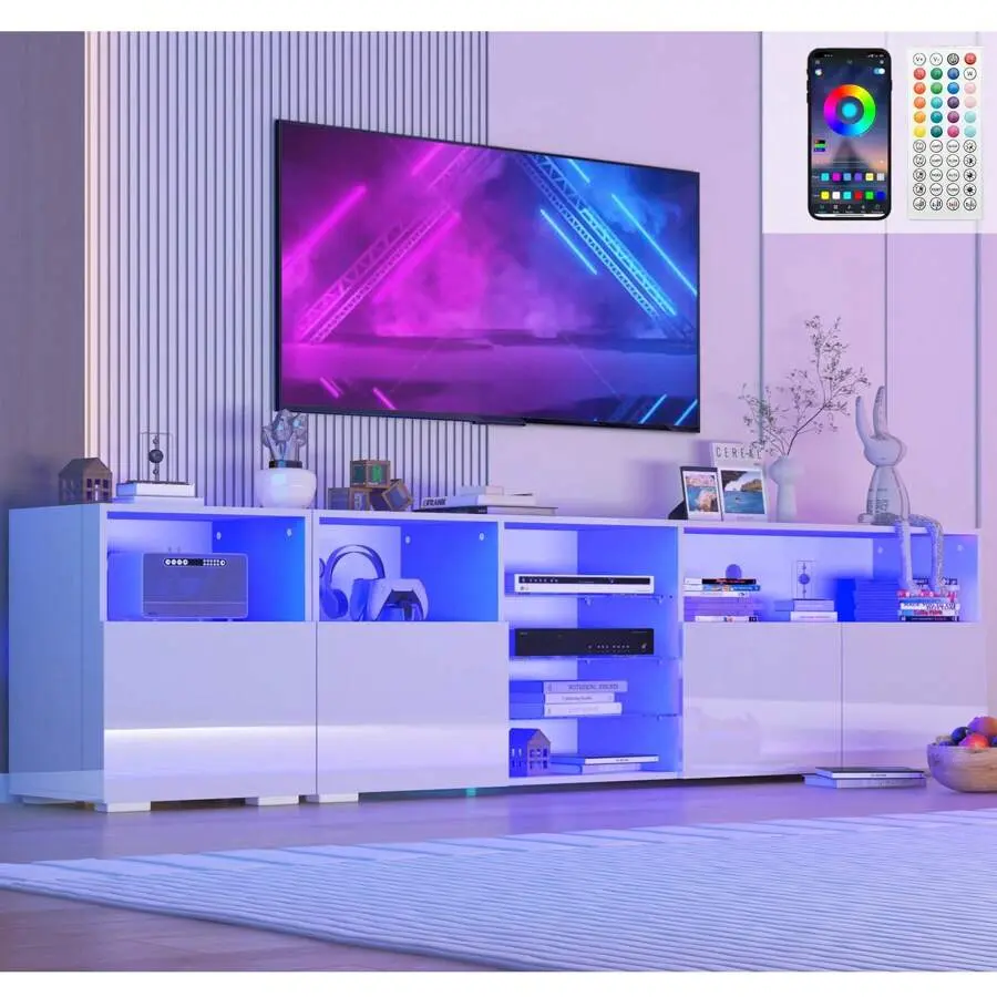 LED  Stand For 70/85 Inch ,  Entertainment Center  LED Lights And Glossy Cabinets,  & Media Furniture Console Table  Adjustable Storage Shelf, Smart   Cabinet For Under  Living Game Room Bedroom Modern with tv dining Handle Vertical Dresser
