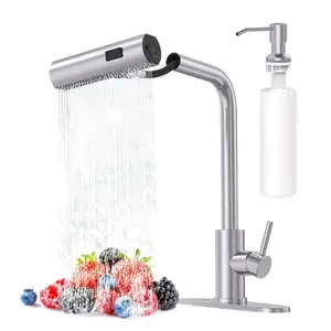 Brushed Nickel Kitchen Faucet Pull Down Sprayer with Soap Dispenser – Single Handle Waterfall Tap for Farmhouse, RV, Laundry & Bar Sink