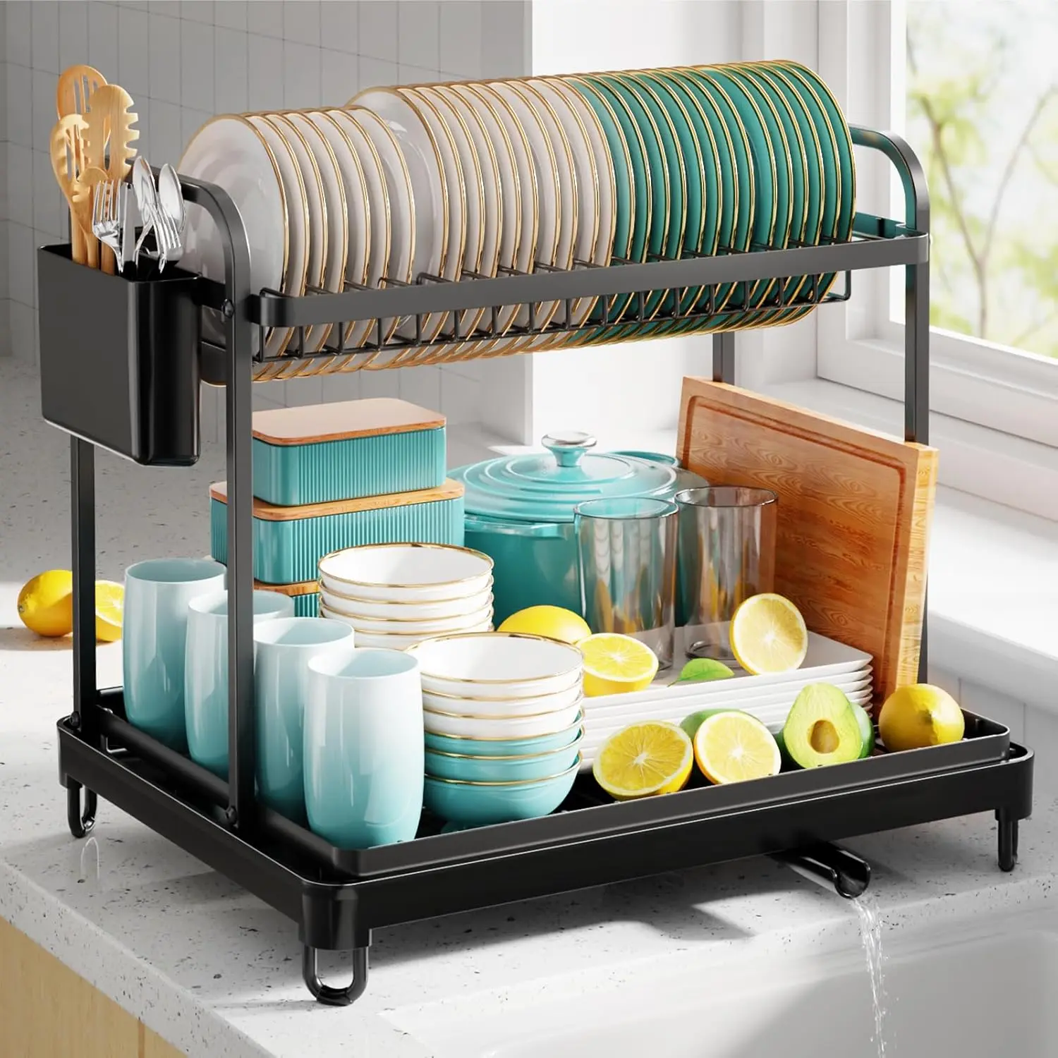 2-Tier Dish Drying Rack - Stainless Steel Dish Rack with Cutlery & Utensil Holders for Kitchen Counter, Sink Organization and Storage for Small Family, 16.7" W x 12.7" L x 15.8" H, Black