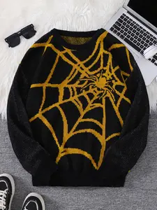 Men's Spider Web Pattern Round Neck Sweater, Regular Fitted Casual Drop Shoulder Long Sleeve Jumper for Spring & Fall, Fashion Men's Knitwear for Daily Wear