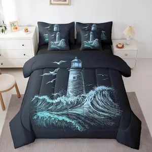 Nautical Comforter Set Men Lighthouse Bed in A Bag 7 Pieces Ocean Wave Bed Set Surfing Coastal Bedding