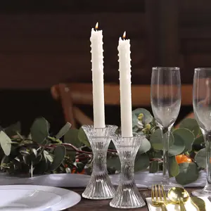 2-Pack Crystal Pillar Candlestick Stands 5" Hour Glass Design with Diagonal Stripes Clear - Reversible Taper Holders