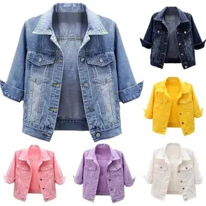 Jean Jacket Women 3/4 Sleeve Colored Cropped Denim Jacket Trendy Light Wash Short Jean Jacket Trucker Coat Black Blue
