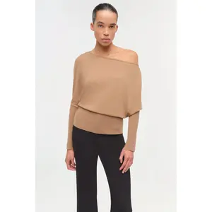 Lavina Draped Off Shoulder Sweater - Camel