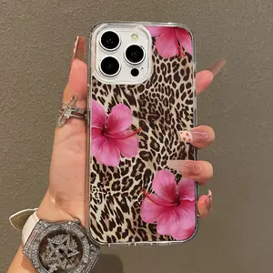 Magnetic Soft MagSafe Smartphone Casing for iPhone 11/12/13/14/15/16 Pro Max - Bold Leopard Print, Pink Hibiscus Aesthetic Pattern, Lightweight, Anti-Scratch, Protective, Resistance, Transparent Mobile Phone Accessory