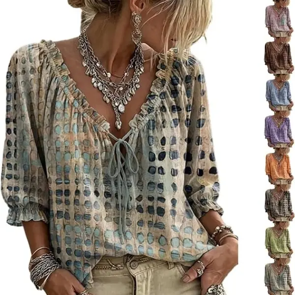 Womens Polka Dot Lace up Blouses 3/4 Sleeve V Neck Peasant Top Abstract Geometric Print Flowy Summer Ruffe Shirt