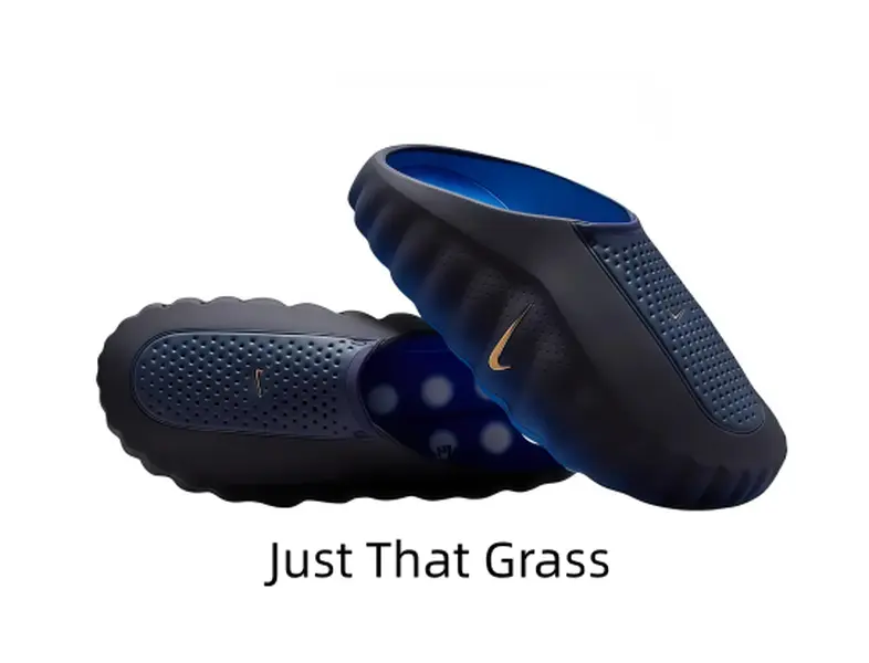 Black Outer Blue Lining Slip-On Slides Tiny Gold Side Logo Hollow Perforated Upper Round Massage Dot Insole Wavy Anti-Slip Edge EVA Casual Sandals