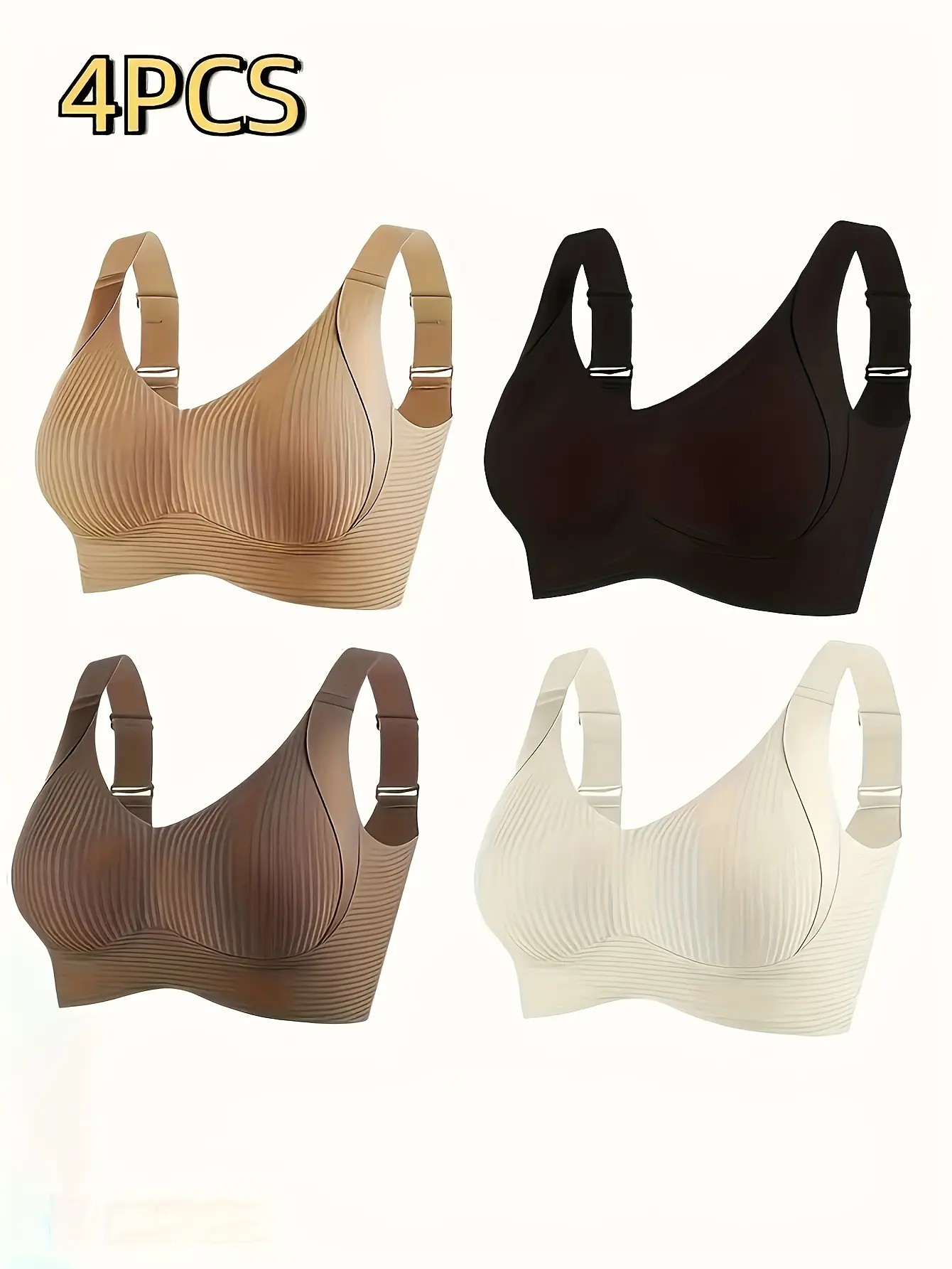 Women's Seamless Bras (4-Pack) - Elegant Solid Color, Wide Shoulder Straps, Built-In Tie, No Padding, Ribbed Texture, Breathable Polyamide, Wireless Medium Support Elastic Basic Underwear