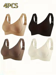 4 Pcs Women's Seamless Bras, Elegant Solid Color, Wide Shoulder Straps Built-In Design, Comfortable Breathable Wireless Support, Unpadded Ribbed Texture, Medium Support Seamless Elastic Underwear