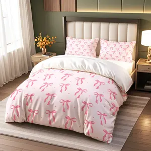 Sweet Girl Pink white Bow Print Duvet Cover Set, Includes 1 or 2 Pillowcases, Soft Comfortable Fabric, Modern Bedroom Decor, Perfect Gift