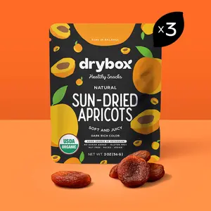 Drybox Organic Sun Dried Turkish Apricots, 3 Snack Packs Unsulfured Unsweetened No Sugar Added, Non-GMO Dried Apricots for Snacking in School, Gym, and Office | 2 oz per Portion Pack