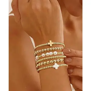 Gold Beaded Bracelets Stack for Women, Christmas Stocking Stuffers, Stackable 14K Gold Plated Beads Ball Cross Bracelet, Boho Christian Jewelry, Non-Tarnish Waterproof Hypoallergenic, Friendship/Birthday/Christmas Gifts for Her, Trendy Daily Party Accesso