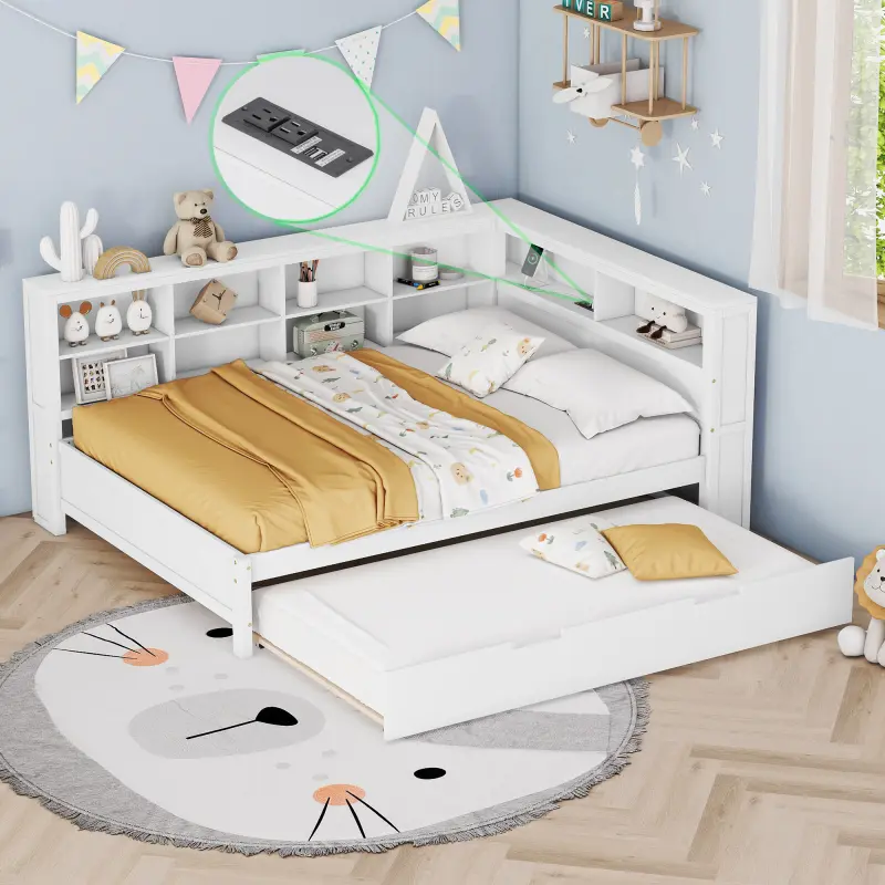 Wooden Full Size DayBed with Twin Size Trundle DayBed with Storage Shelf and USB Charging Ports White