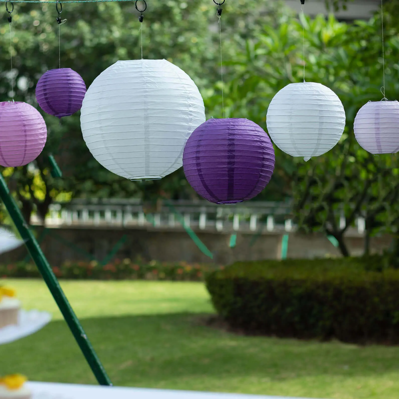 Mixed Purple White Hanging Paper Lanterns Set (8 Pcs, Assorted Sizes 6in-14in) - Chinese Round Lanterns, Mixed Colors Hanging Set for Outdoor Indoor Decoration, Light Up Your Space