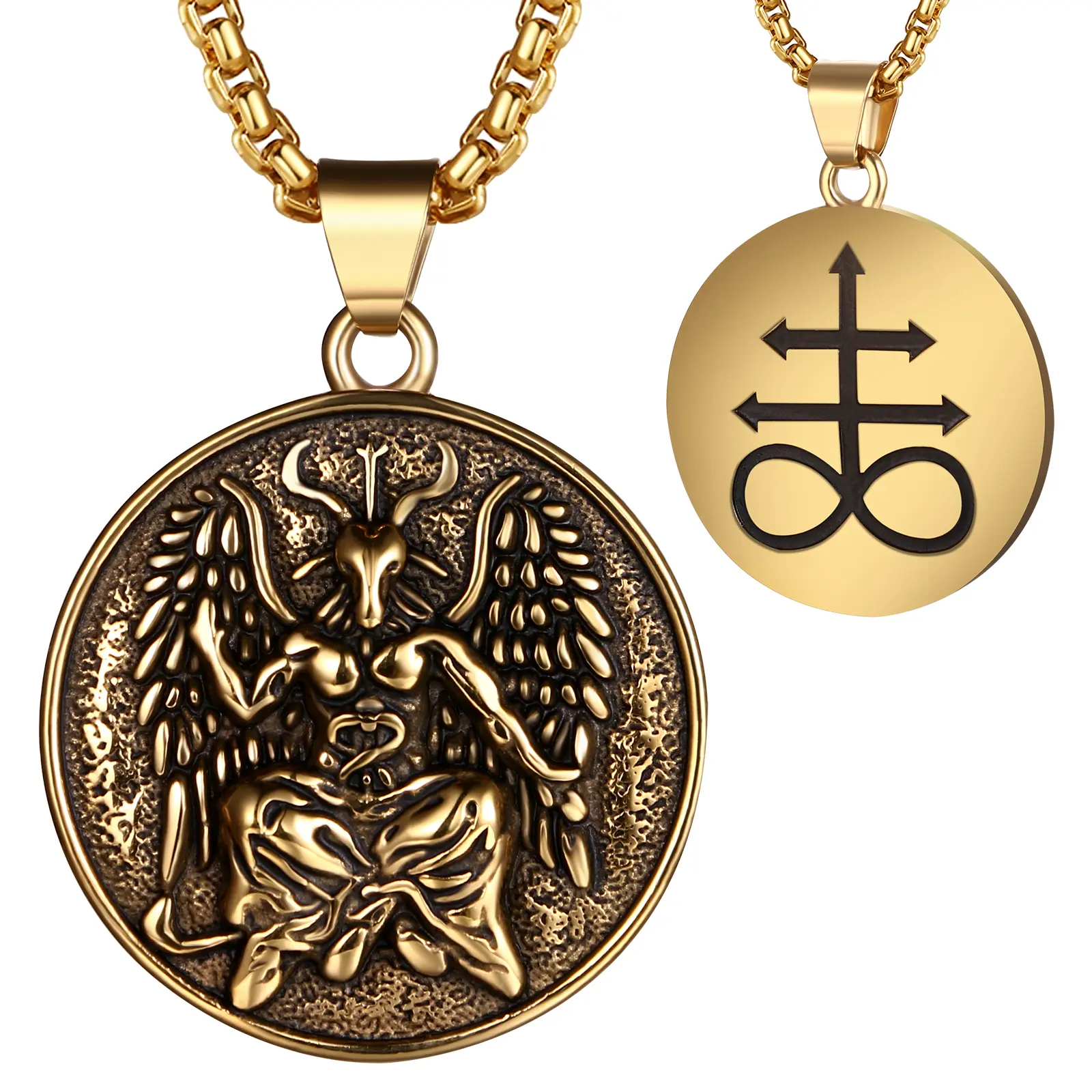 OIDEA Men's Baphomet Satanic Necklace Set - 22in Fade-Resistant Stainless Steel Dual-Sided Lucifer Pendant, Artistic Gothic Amulet, Chain Included, Durable Witchcraft Costume Necklace, Birthday Gift Option