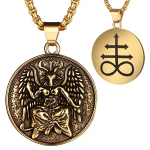 OIDEA Men's Baphomet Satanic Necklace Set - 22in Durable Stainless Steel Dual-Sided Lucifer Pendant, Artistic Gothic Witchcraft Amulet, Chain & Link Gift-Ready Costume Necklaces summerwins