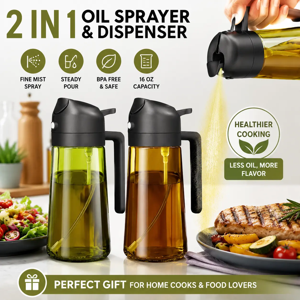 2 Pack Olive Oil Sprayer and Dispenser Bottle, 16oz/470ml Dark Glass Cooking Oil Spray Bottle for Kitchen, Dual Function Oil Mister for Air Fryer, BBQ, Salad and Cooking