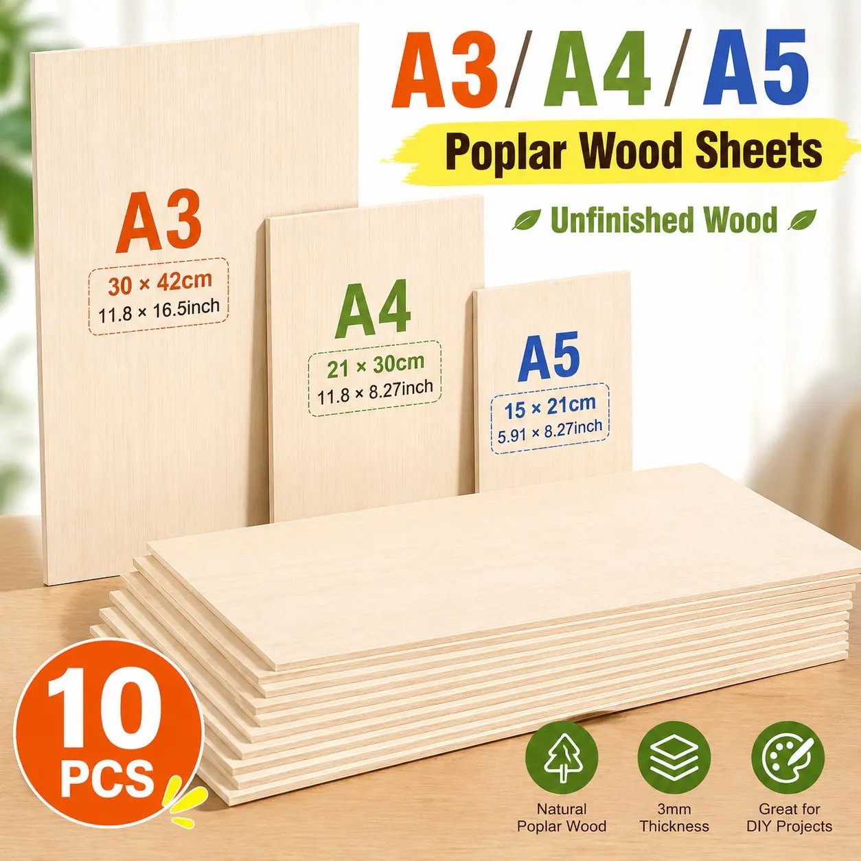 High-Quality 3mm Plywood Sheets, Poplar Wood for DIY Projects, Model Making, Laser Engraving, Painting, Sizes 420x300mm, 300x210mm, 148mm×210mm 10 Pieces Set
