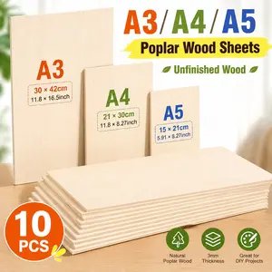 High-Quality 3mm Plywood Sheets, Poplar Wood for DIY, Model Making, Laser Engraving, Sizes 420x300mm, 300x210mm, 148mm×210mm 10 Pieces Set