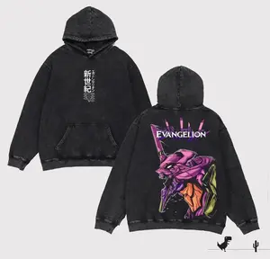 Neon Genesis Evangelion V3 Oversized Anime Comic Hoodie – Vintage Washed Streetwear Pullover, Winter Warm Graphic Hooded Sweatshirt, EVA Unit-01 Mecha Manga Fan Gift, Otaku Merch for Men Women