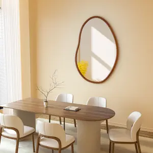 Retro Wall Mirror Irregular Wood Frame Vanity Mirror Horizintal/Vertical Hanging Mirror