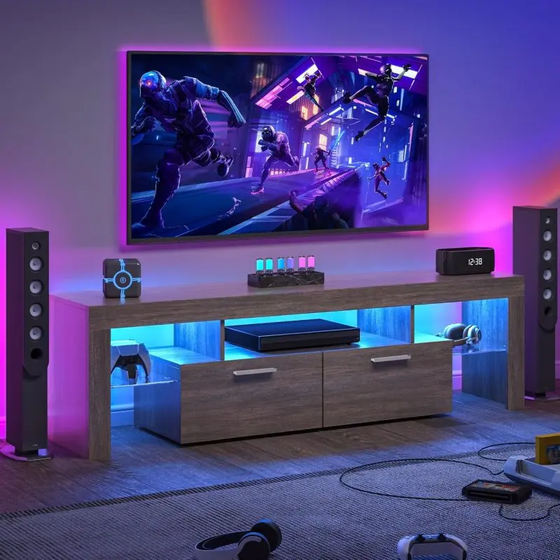 Bellemave DFW Modern LED TV Stand with Large Storage Drawer for 40-75 Inch TVs Brown Wood Farmhouse TV Console with 16 Light Colors & 4 Modes for Living Room & Bedroom