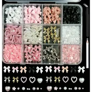 A Set of Mixed-color Ribbon Bow Resin Nail Art Accessories, Featuring A Mix of Alloy Bows, Pearls, and Hearts, Perfect for Nail Art and Nail Projects, and Comes with A Pen and Tweezers.