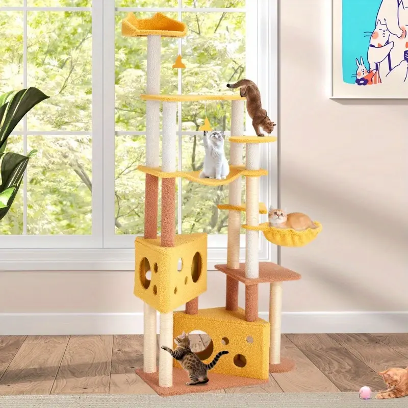 72" Cat Tree in Cheese Design, Indoor Cute Cat Tree Tower for Small & Medium Cats, Multi-Level Cat House with Top Perch, Cozy Hammock, and Sisal Scratching Post, Yellow