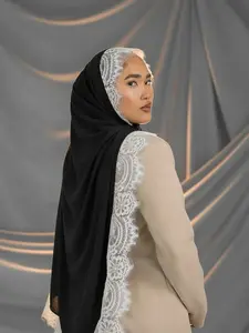 1PC Stylish Women's Lace Trim Jersey Turban Hijab with Breathable Soft Fabric, Modest Design Perfect for Ramadan Gift, Geometric and Plain Patterns