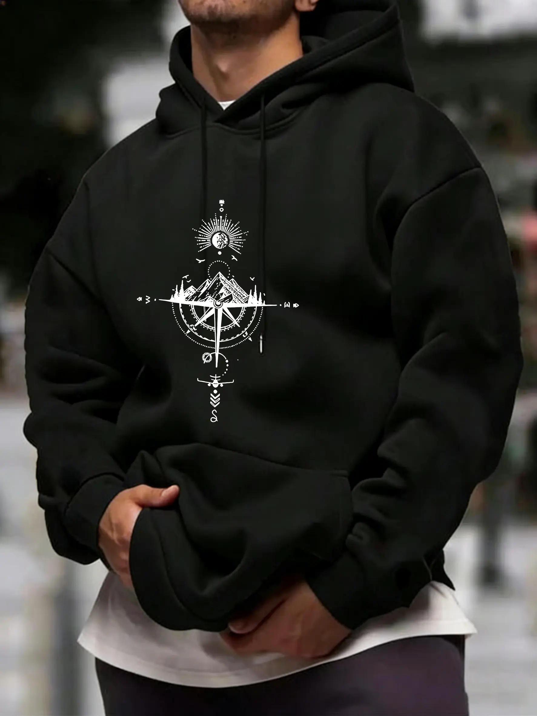 Men's Mountain-Patterned Cotton Hoodie - Retro Outdoor Print, Relaxed Streetwear Style, Breathable Fabric, Fashionable Casual Menswear Sweatshirt