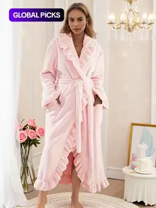 Women's Elegant Ruffle Long Sleeve Bathrobe, French Terry Warm Soft Robe with Pockets, Fall & Winter Thick Fitted Homewear, Loungewear, Nightwear