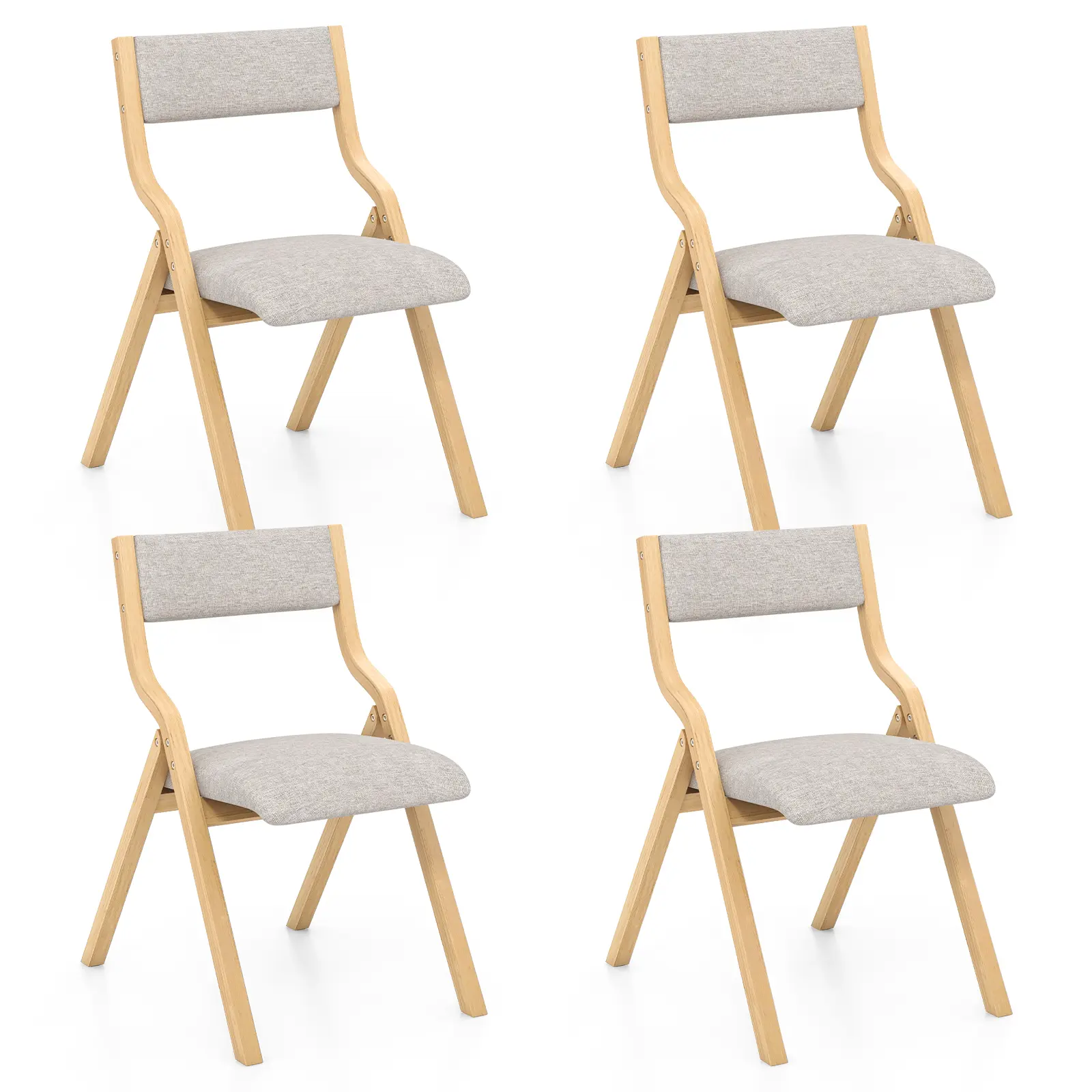 COSTWAY - Folding Dining Chair Set of 4 Wooden Upholstered Dining Chairs with Solid Wood Frame