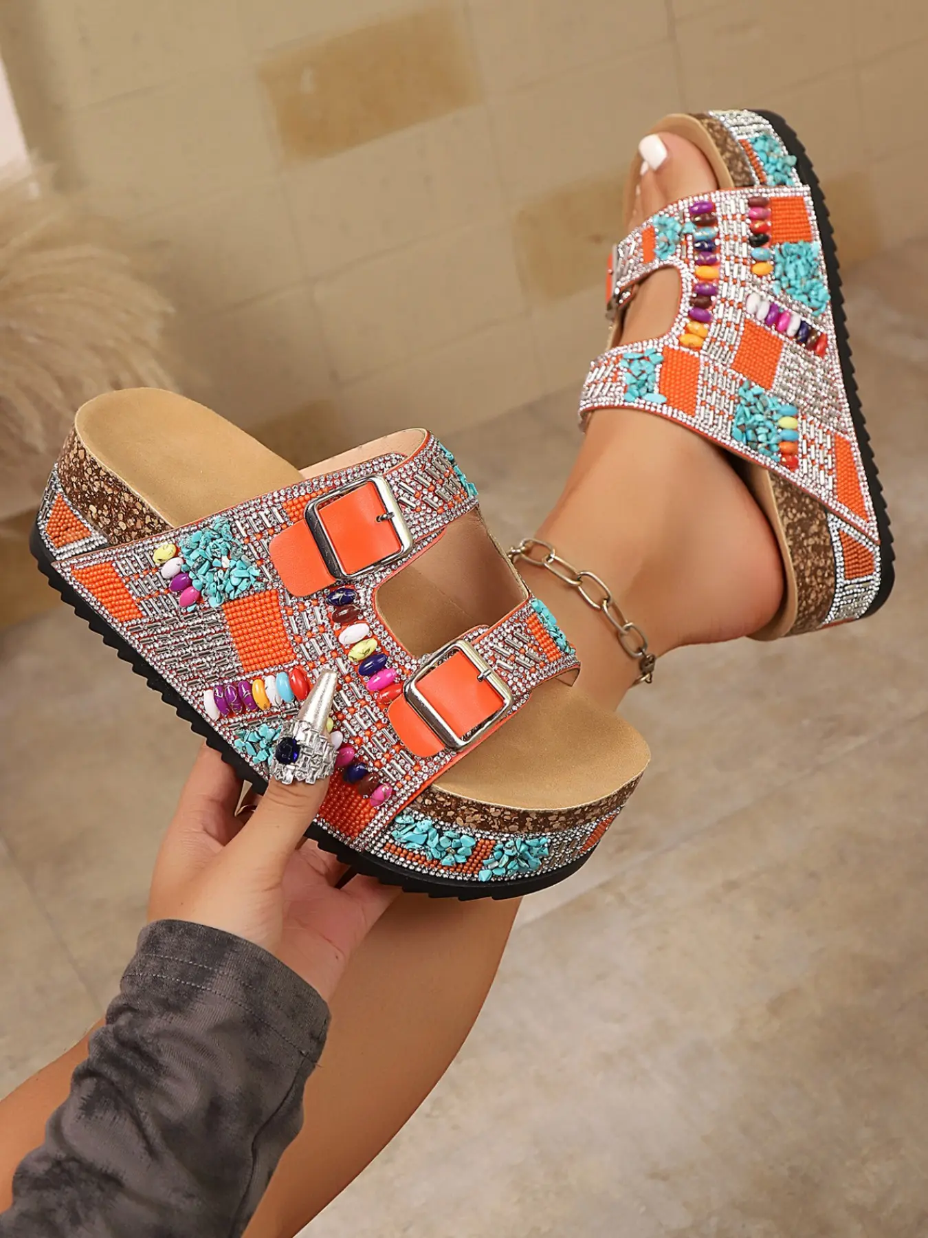 New Bohemian Style Thick Sole Slippers, Boho Shoes, Double Buckle Slides, Dual Adjustable Metal Buckles, Soft Wood Midsole, Anti-Slip Rubber Outsole, Comfortable Foot Feel