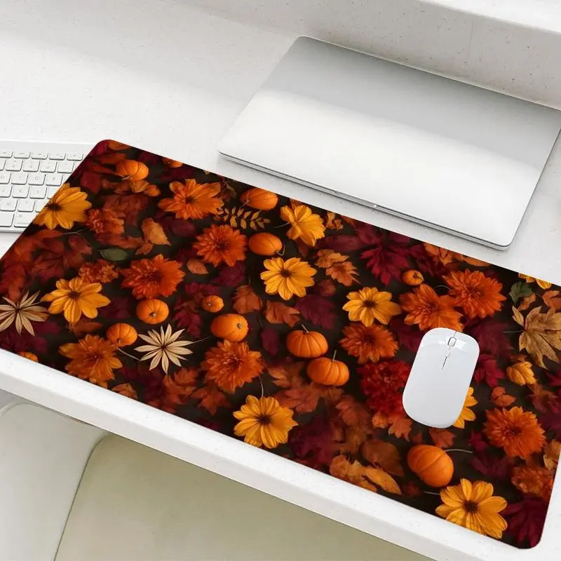 Autumn Flower Pumpkin Decor Mouse Pad, Rectangle Gaming Mouse Pad, Office Desk Accessories, Non-Slip Rubber Base Stitched Edge Desk Pad, Cute Office Supplies For Work, Desk Mat