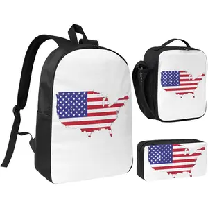 USA Flag Map print 3 Piece Backpack Bags with Lunch Box Pencil Case Set for Travel Work Camping Unisex