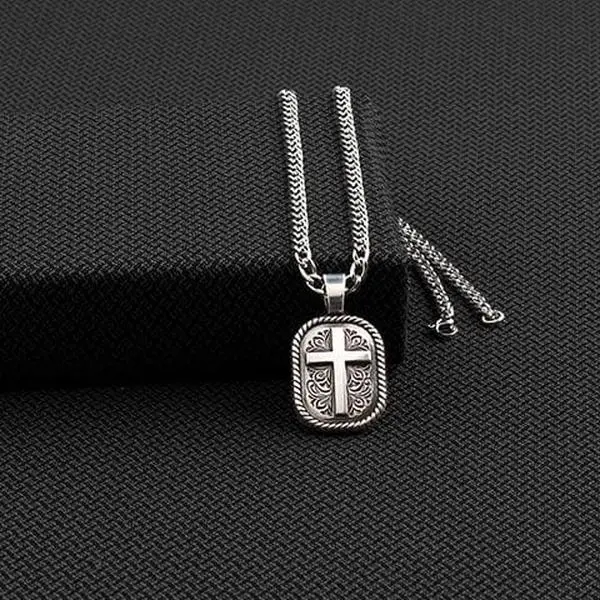 Men's Western Engraved Floral Cross Pendant Necklace, Stainless Steel 22-Inch Minimalist Twist Long Chain, Silver-Tone Male Daily Fashion Jewelry, Minimalist Chain