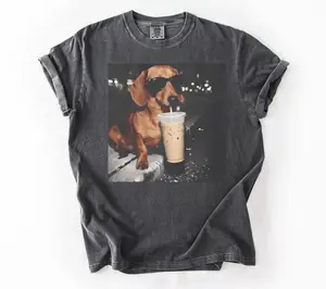 Comfort Colors Funny Dachshund Drinking Iced Coffee T-shirt, Animal Meme Graphic Tee, Gift for Men, Women