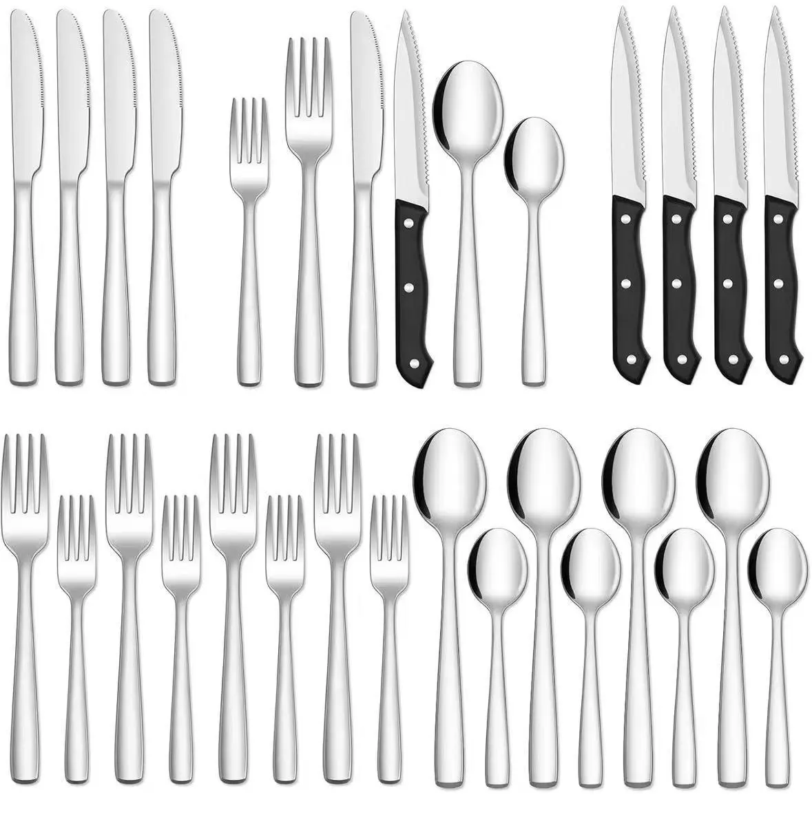Sturdy Stainless Steel Cutlery Set - 24-Piece Silver Utensils with Steak Knives for 4, Dishwasher Safe Tableware for Home, Restaurants, Blade