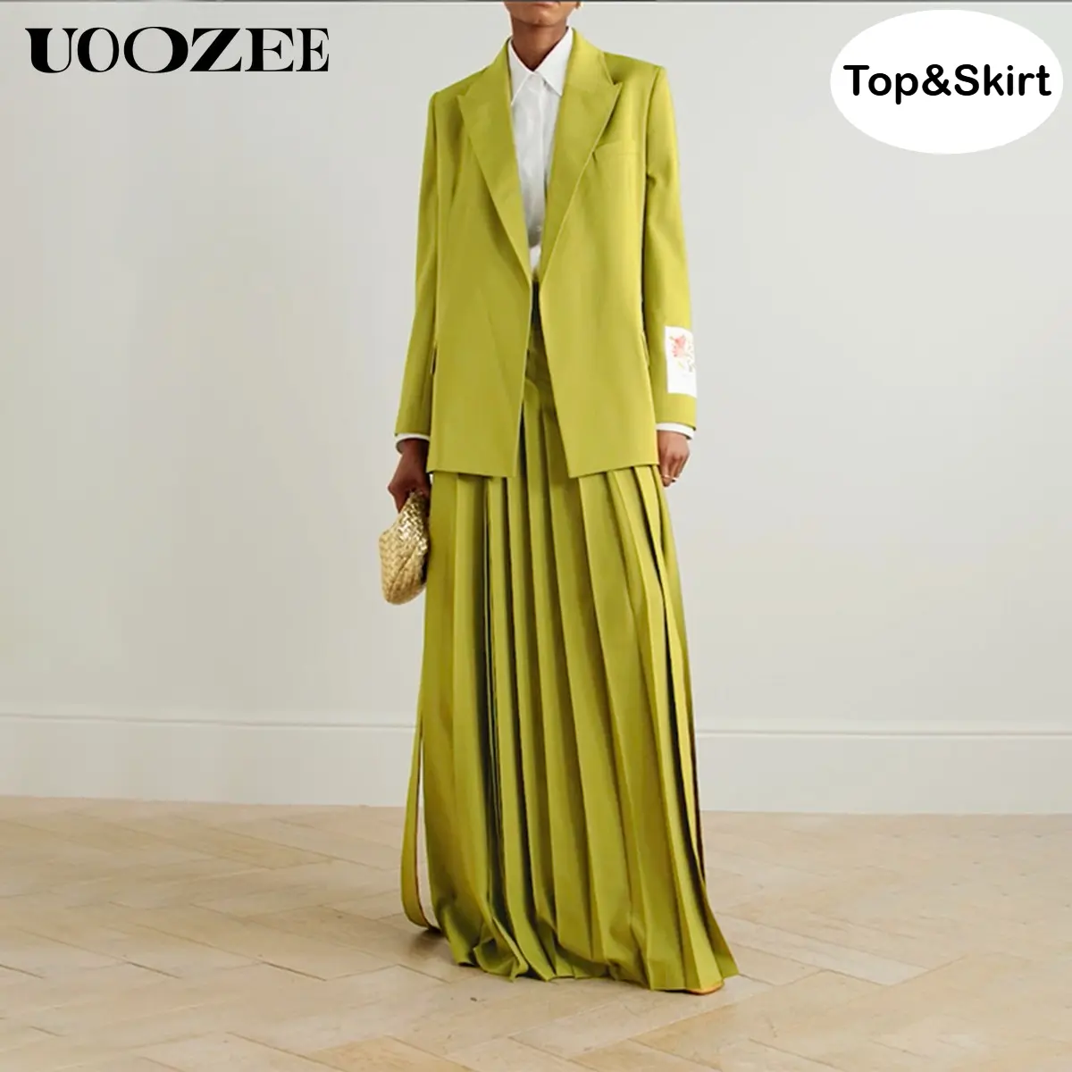 UOOZEE Women's Minimalist 2-Piece Suit Set - Long Sleeve Turtleneck Blazer and Matching Side-Opening Pleated Skirt with Pockets, Woven Cocktail Wear, Accessories, Lady, Hip, Check, Style, Women's Clothes