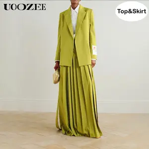 UOOZEE Women's 2-Piece Soft Loose Minimalist Polyester-Spandex Suit Set - Woven Turtleneck Blazer, Side-Opening Pleated Wide-Waist Half-Length Skirt with Pockets, Fashion Lady Cocktail Wear for Spring-Autumn Hip Flattery (Accessories Compatible)