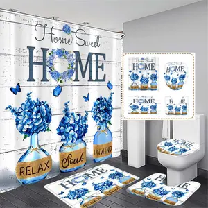Blue Floral Glass Bottle Pattern Shower Curtain Set, Includes Hooks, Bath Mat, Toilet Lid Cover, U-Shaped Pad, Ideal Gift