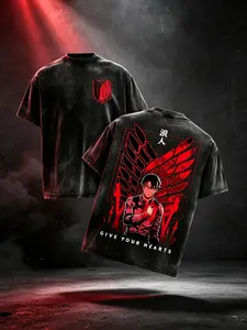 Attack On Titan Levi Ackerman Vintage Acid Wash Oversized T-Shirt Front Survey Corps Wings Logo Back Levi Red Wing "Give Your Hearts" Graphic Distressed Black Unisex Cotton Crewneck AOT Anime Fan Tee Great Gift For AoT Manga Fans Casual Street Outfit