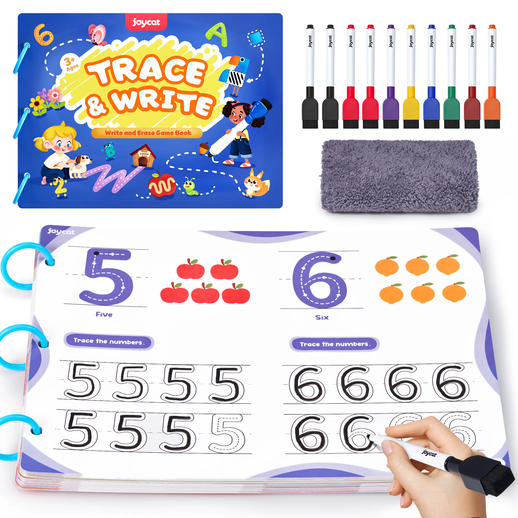 JoyCat Montessori Educational Toy Set for Preschoolers - Reusable Learning Materials, 48-Page Handwriting Tracing & Math Workbooks, Waterproof Card Seek & Find Game, Alphabet Learning Chart