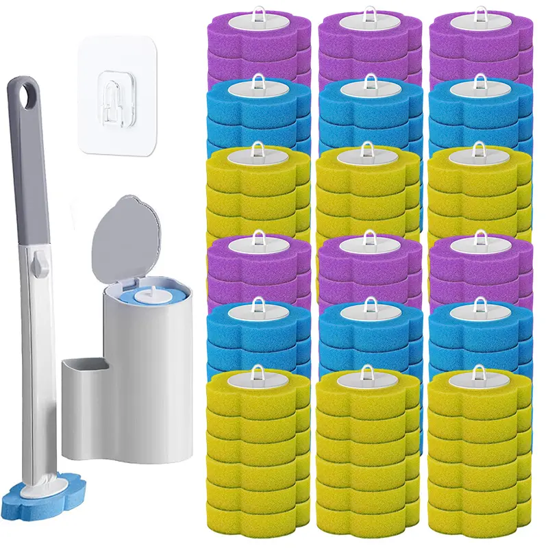 A Set of Disposable Toilet Brushes with Replacement Heads ， 60/30 Replacement Heads and Bases Wall Mounted or Floor Mounted, Convenient for Bathroom Cleaning