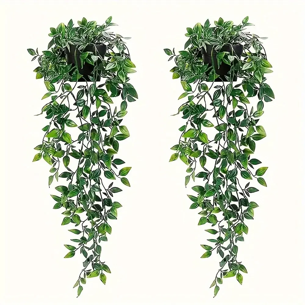 2-Pack Large Artificial Indoor Hanging Potted Green Plants with Realistic Mandala Leaves, Fake Foliage for Living Room, Office and Bathroom Decor, Shelf Ornament for Wedding, Chinese New Year and Summer Decoration (without flowerpot)