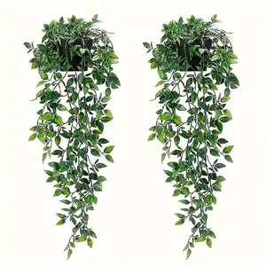 2 Pack Large Artificial Hanging Potted Green Plants, Featuring Realistic Mandala Leaves, Fake Foliage for Living Room Office Bathroom Decor, Shelf Ornament, Wedding Birthday Party, Chinese New Year & Summer Decoration（Without flowerpot）。