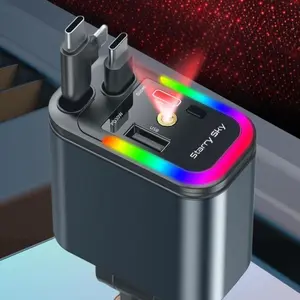 Starlight-retractable car charger, 5 in 1 car accessories,max.180W, with Starlight, Retractable fast charger for car with , 2USB ports for phones/tablets/car recorders, 31.5 inch