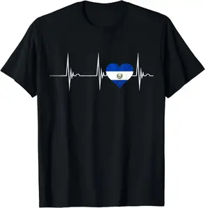 Men's Cotton Short-Sleeve Relaxed-Fit T-Shirt - El Salvador Heartbeat Pulse EKG, Salvadorian Heart Flag Top