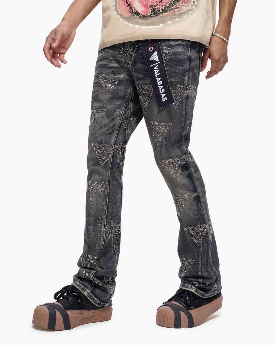 Men's Distressed Mid-Rise Stretch Denim Jeans, Dark Dirty Blue Stacked Style, Mens Clothing Bottoms